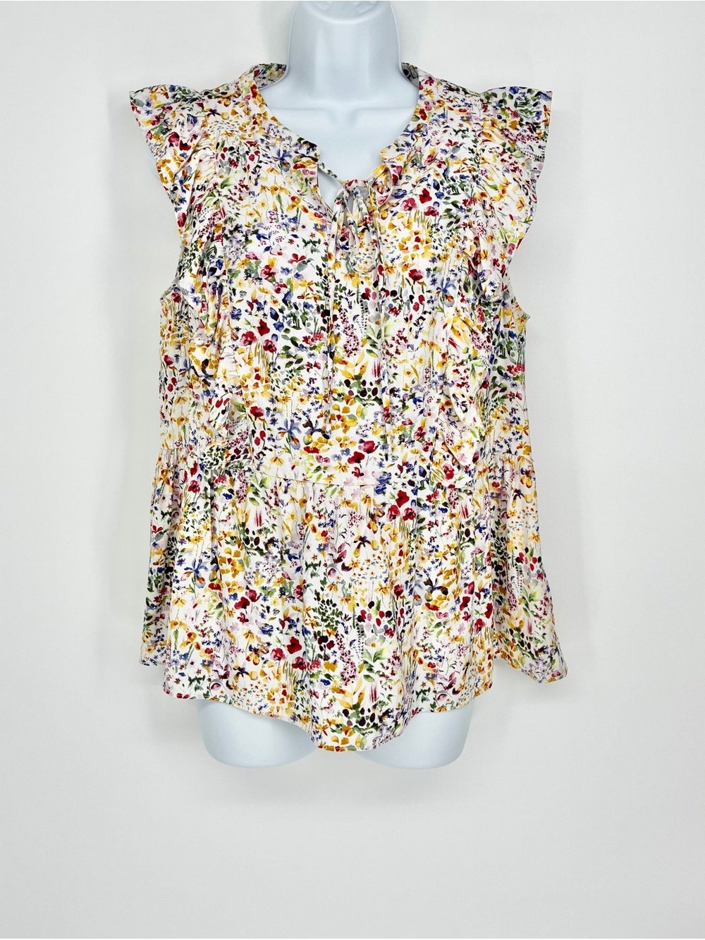 Nanette Lepore Floral Rayon Linen Ruffle Sleeve Peasant Blouse Top Sz M